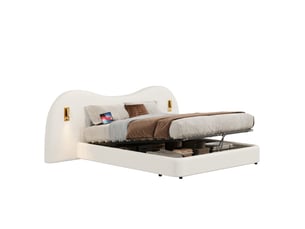 Lit coffre 2 places 180x200 cm avec usb et lampes de lecture bouclette blanc