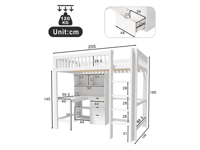  Lit mezzanine 90x200 cm, blanc, équipé de bureau et 3 tiroirs, bois et mdf, sans matelas  - Conforama C