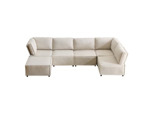 Canapé modulable d'angle beige tissu lin, structure bois et mousse ressorts, design contemporain élégant pour salon spacieux