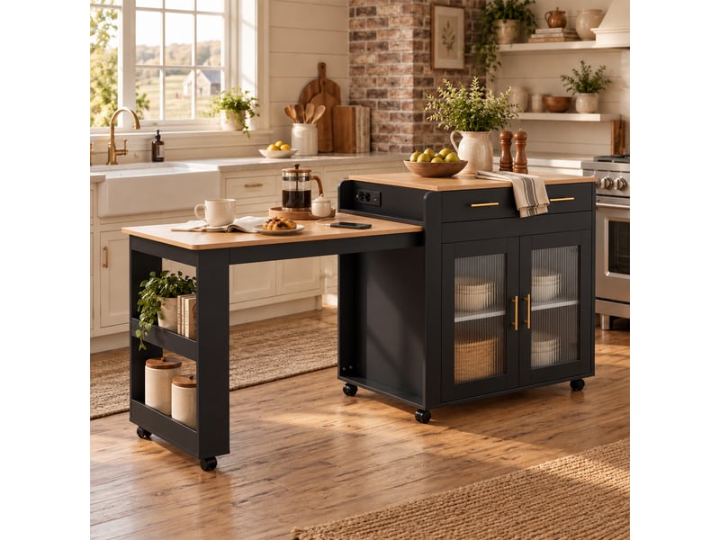  Îlot de cuisine - rangements intégrés - table extensible - port usb - prise de charge - meuble de cuisine - gain de place - noir CozyNest - Conforama B