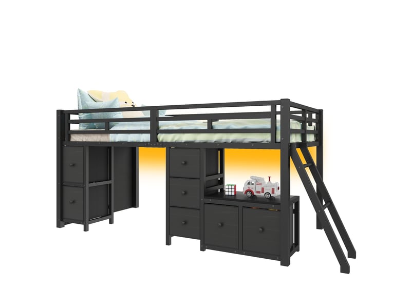  Lit surélevé 90x200 cm équipé de 7 tiroirs, de barrières de sécurité, de rangements, d'éclairage led et d'échelle, noir, sans matelas  - Conforama A