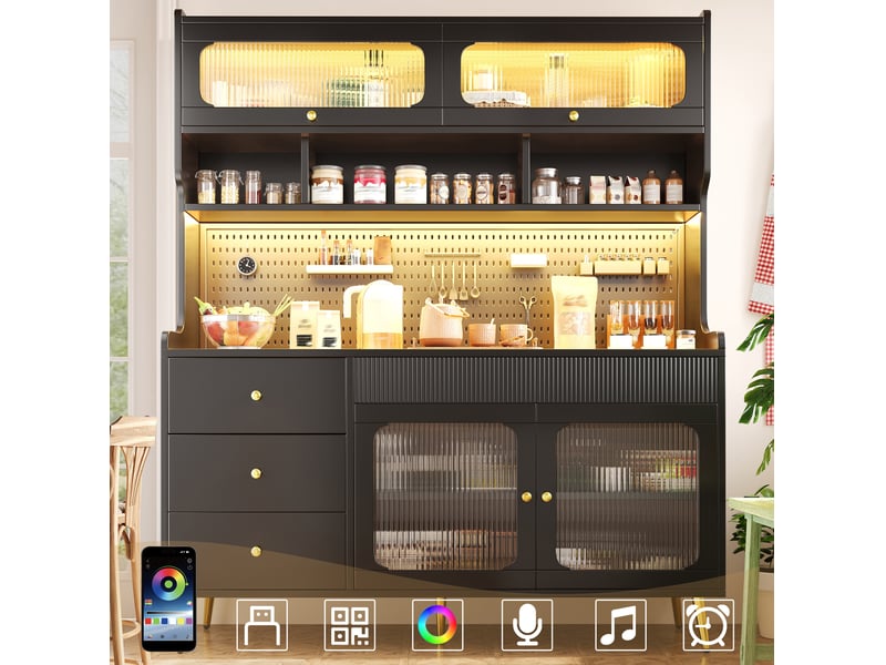 Buffet haut modenvie avec led rgb, 145 x 39 x 171 cm, mdf, métal et verre noir - Conforama E