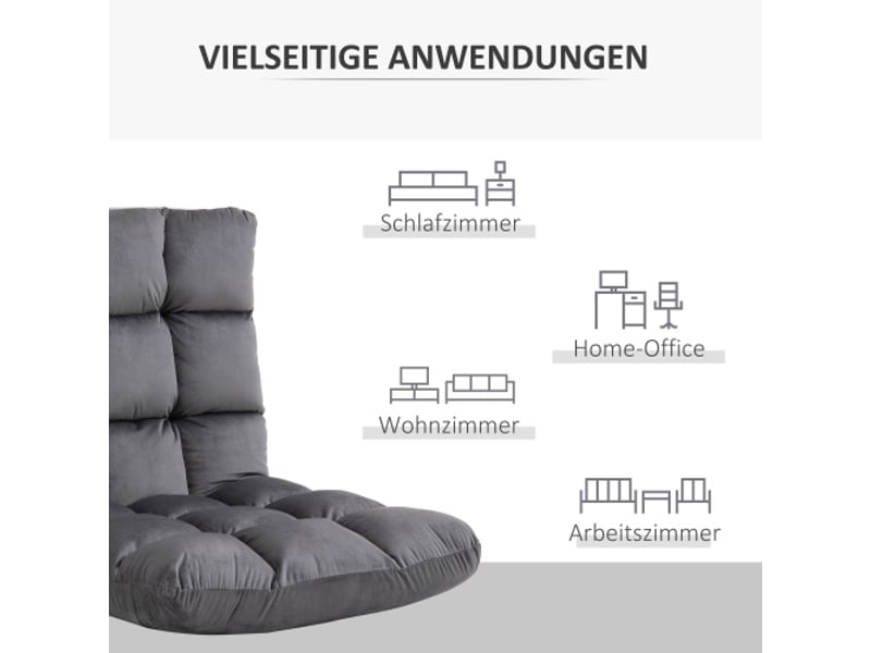  Fauteuil de sol 3-en-1 pliable gris, dossier 13 positions, coussin en mousse 55x71x53,5 cm  - Conforama E