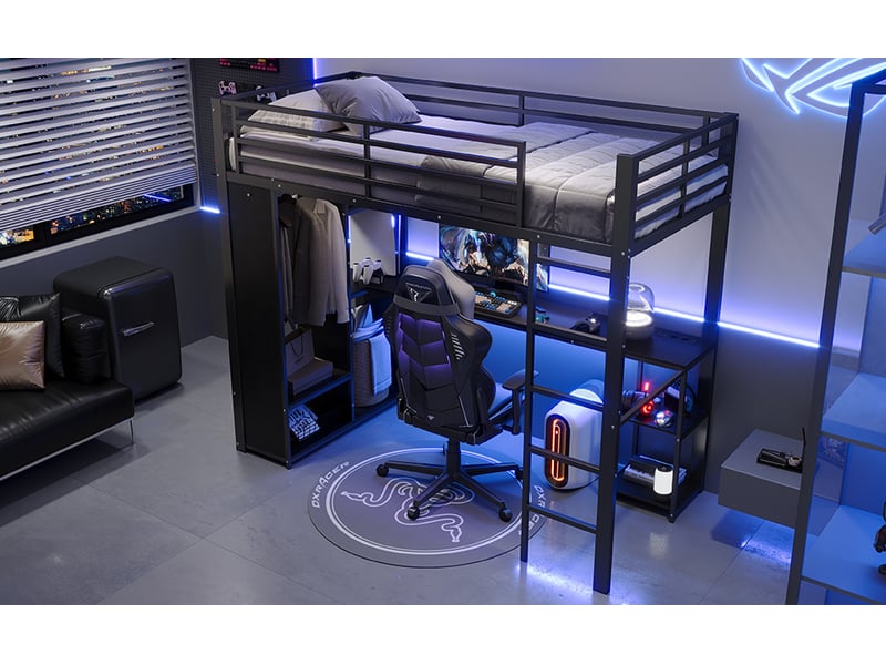  Lit enfant surélevé， 90x200 cm ，avec bureau led prises usb type c rangement ，mdf métal ，noir  - Conforama B