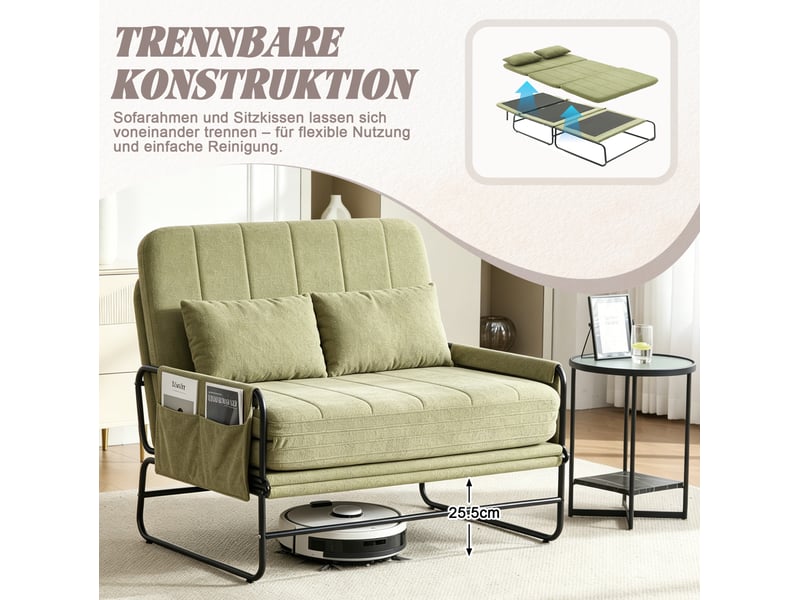  Canapé convertible 2 places avec poches latérales et coussin lombaire, structure métallique en chenille vert olive  - Conforama E
