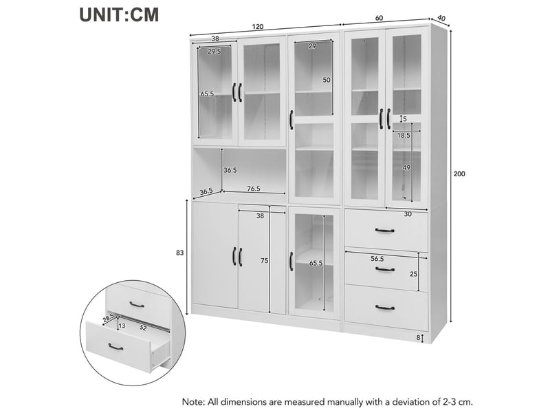  Vitrine d'exposition - 180x40x200cm - vaisselier xxl avec led usb app, 8 portes, 3 tiroirs &amp; étagères - blanc  - Conforama E
