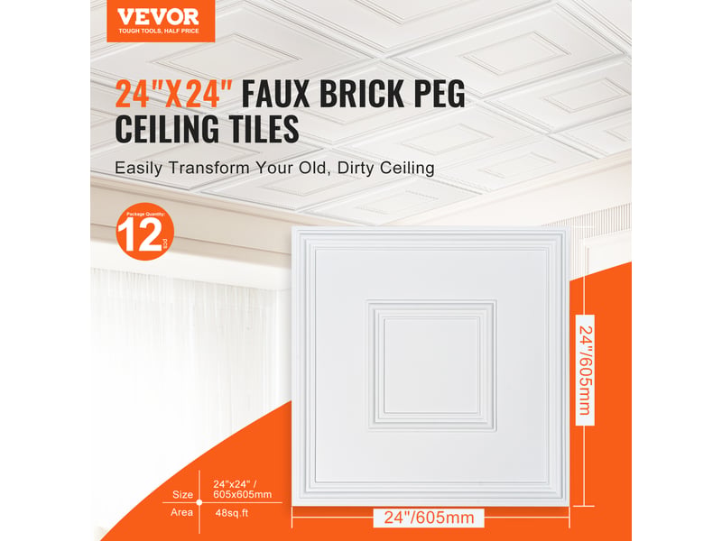  Vevor dalles plafond, lot 12, 24x24 po. Pvc, installation facile, blanc.  - Conforama B