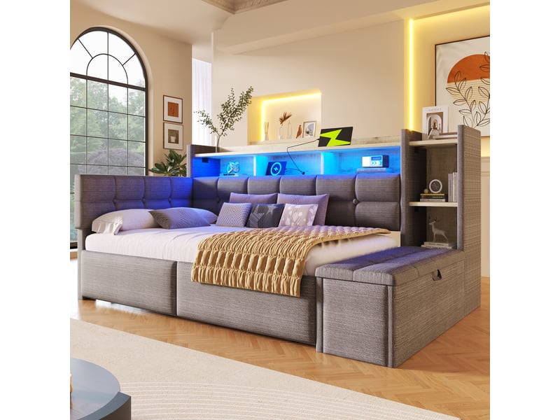 Lit banquette 90x190 cm en velours avec 2 tiroirs, banc coffre, rangements, led multicolore, ports usb et type-c, gris foncé - Conforama C