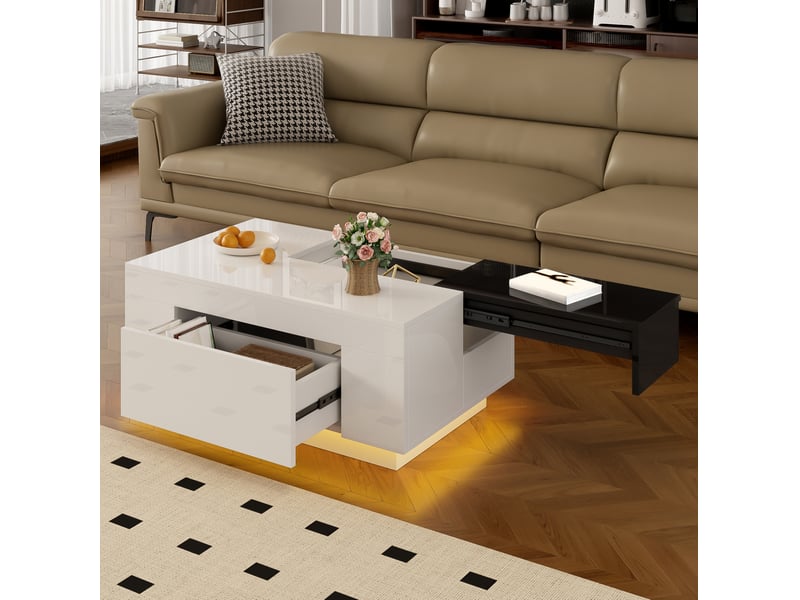  Table basse extensible 80 x 50 cm avec led rgb, tiroir caché, noir et blanc  - Conforama E