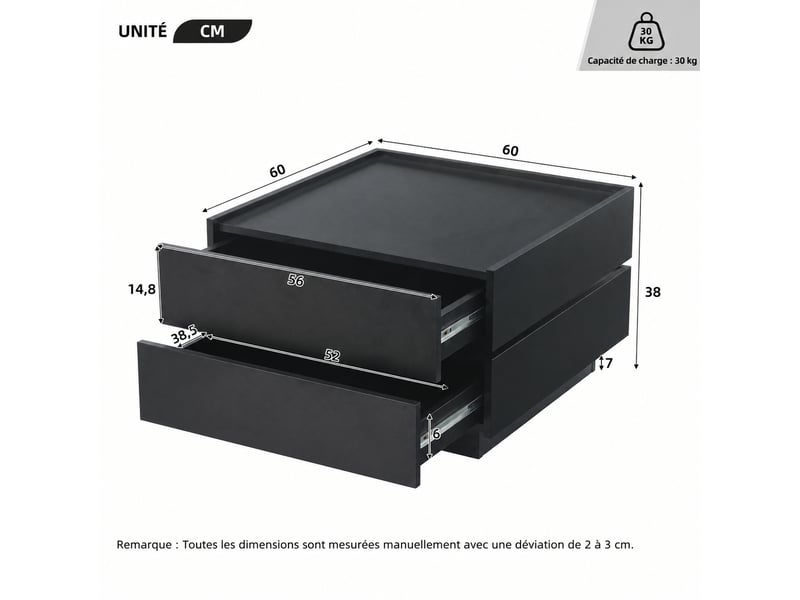  Table basse noire pivotante à 360° avec deux tiroirs, carrée 60 x 60 x 38 cm  - Conforama E