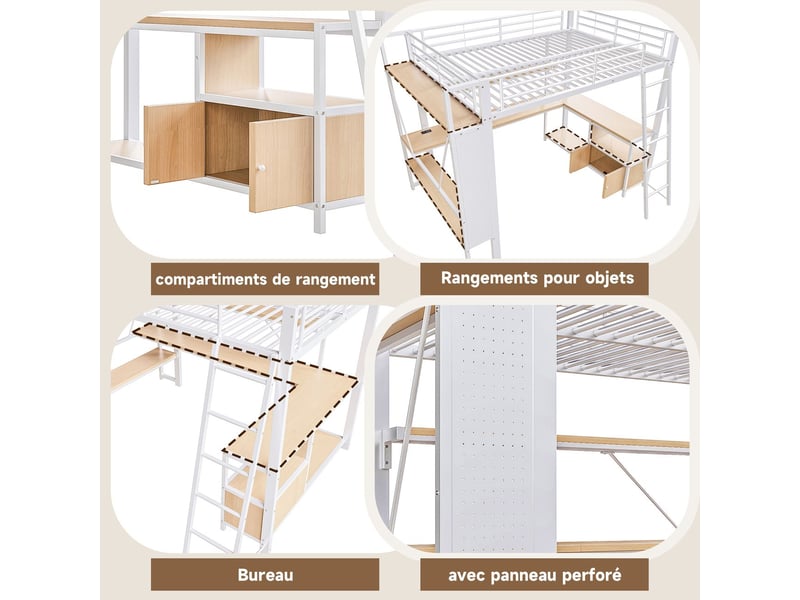  Lit mezzanine 90x200cm métal blanc avec bureau, étagères, panneau perforé - lit 1 place - éclairage led app, port usb, gain de place  - Conforama E