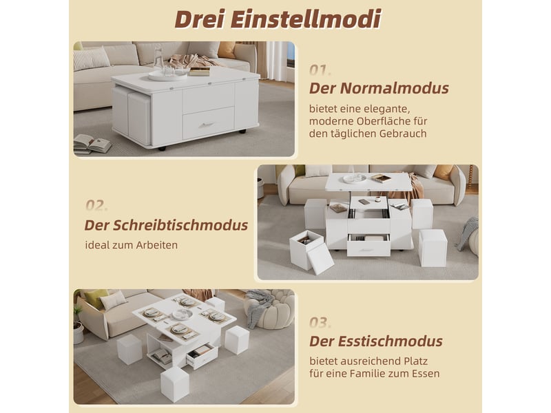  Table basse multifonction 4-en-1 réglable en hauteur, blanche, avec tiroirs et 4 tabourets  - Conforama B