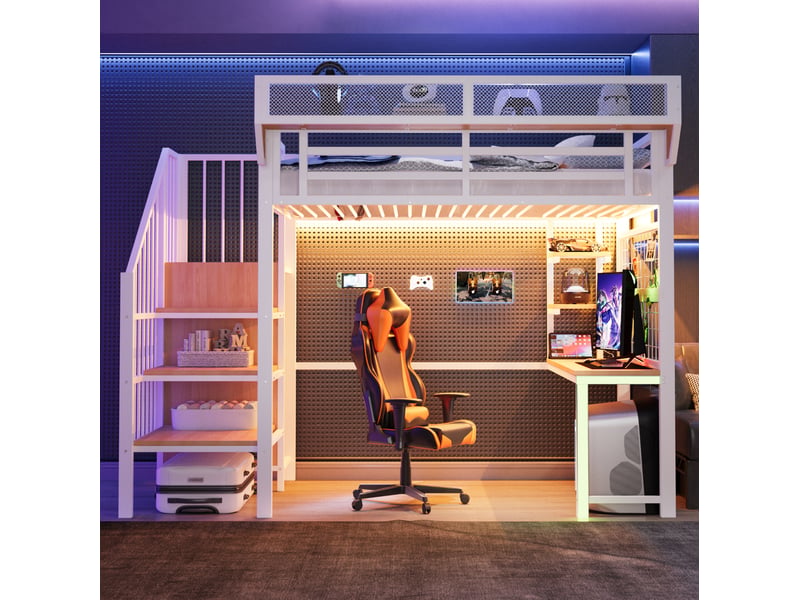  Lit mezzanine métal 90x200 cm avec bureau et rangements blanc  - Conforama E