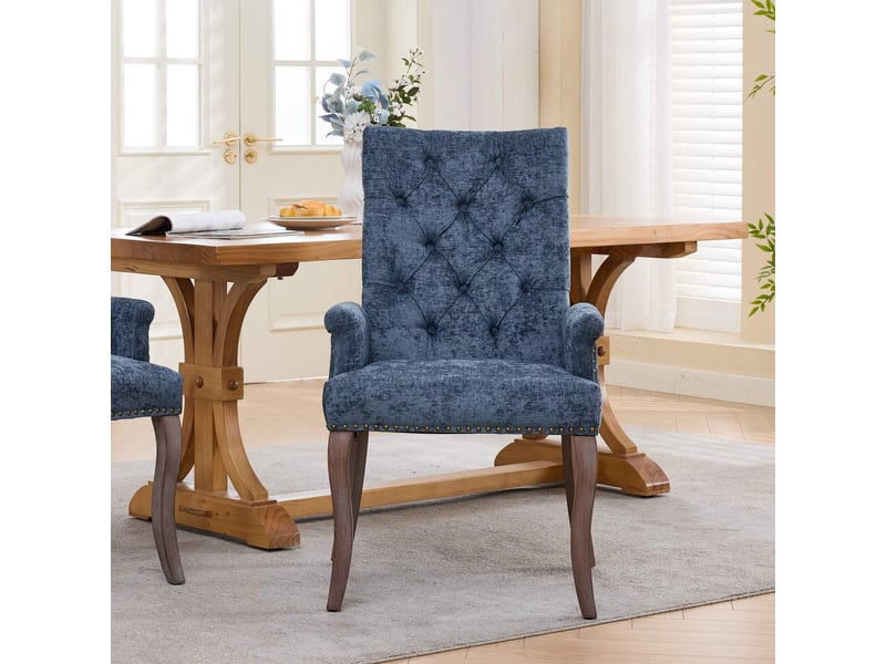  Chaise de salle à manger 57x69x100.5cm - avec accoudoirs et pieds galbés en bois massif - chenille - bleu  - Conforama D