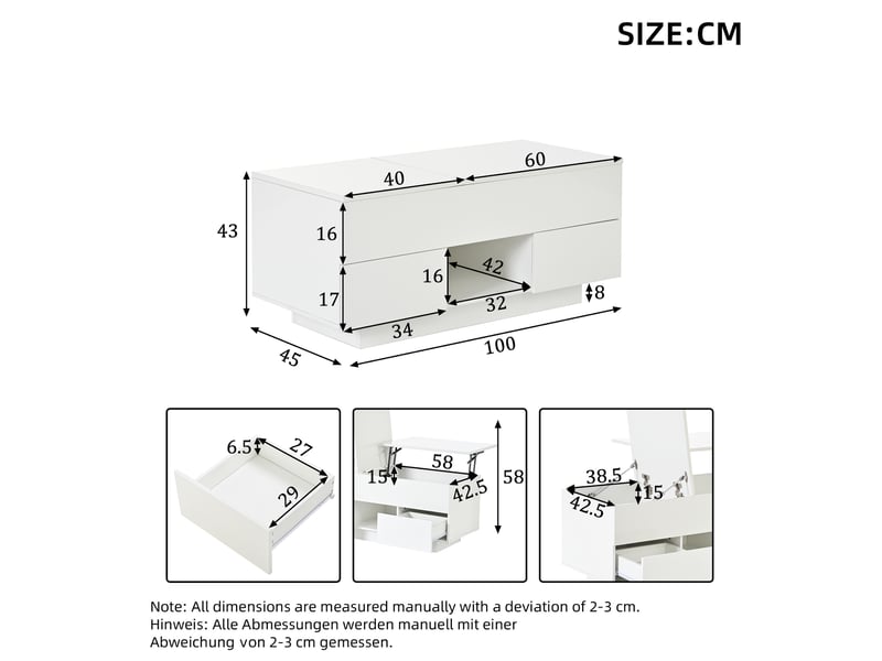  Table basse relevable avec led blanc brillant 100 x 45 x 43 cm en panneau de particules  - Conforama E
