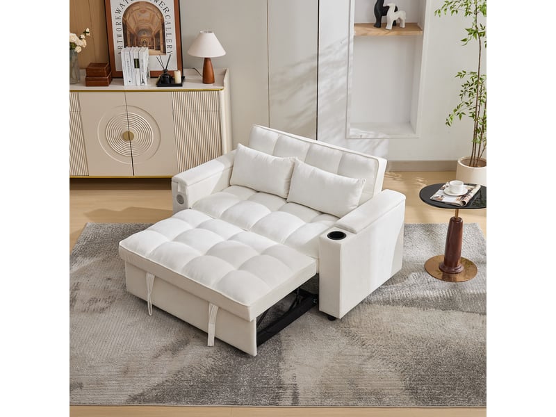  Canapé convertible, canapé-lit – 2 places, port usb, 140,5 x 74 x 82 cm, dossier réglable, porte-gobelets, beige  - Conforama E