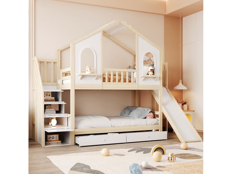  Lit superposé enfant 90x200 cm avec toboggan et rangements bois blanc et bois naturel sans matelas  - Conforama B