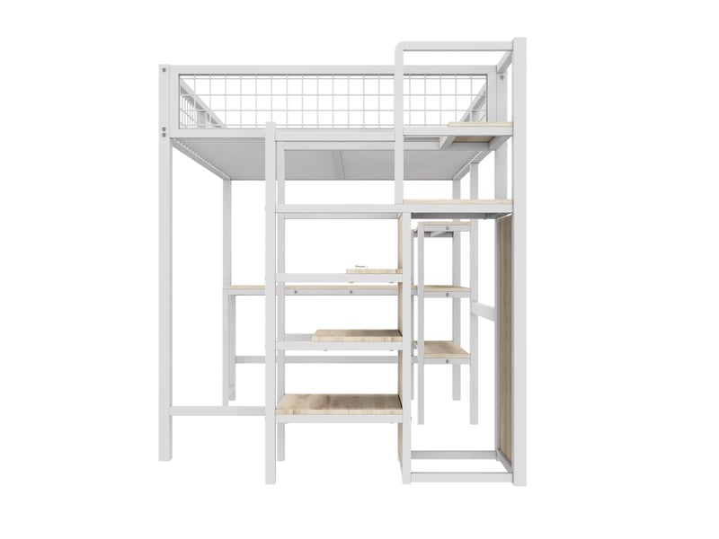 Lit mezzanine blanc 140x200 cm en métal avec bureau, étagères et armoire intégrée - Conforama D