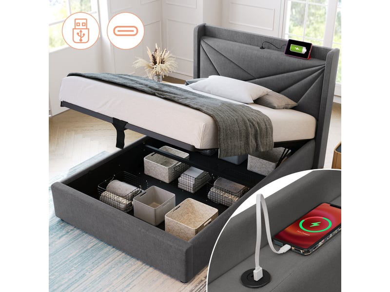  Lit simple 90x200 cm avec prise usb type-c, cadre de lit adulte avec tête de lit et matelas, lit enfant avec sommier à lattes, gris  - Conforama C