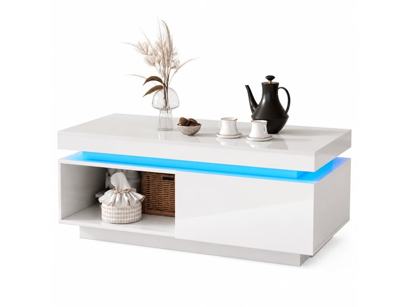 Ensemble meuble tv et table basse avec led en panneau de particules blanc brillant - Conforama A