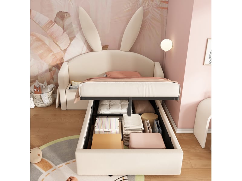  Modenvie lit enfant avec rangement 90x200 cm - coffre hydraulique, chevet reversible, sans matelas - beige  - Conforama B