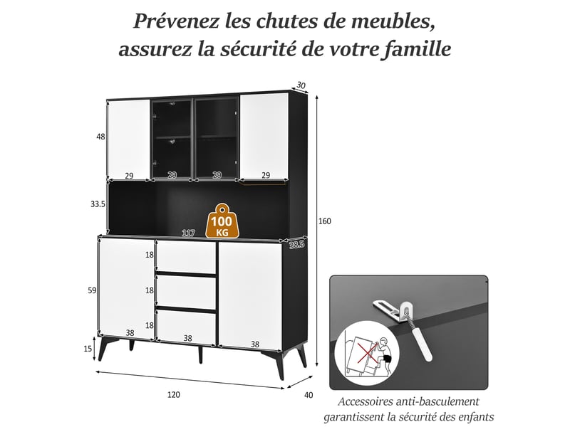 Vaisselier buffet haut armoire de salle à manger vitrine meuble de cuisine noir et blanc éclairage led app porte en verre 3 tiroirs - Conforama C
