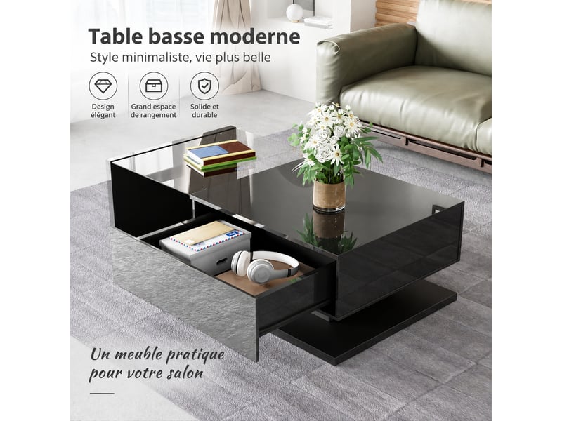  Table basse noire brillante avec plateau en verre trempé et led 16 couleurs, 105 x 55 x 32,5 cm  - Conforama B