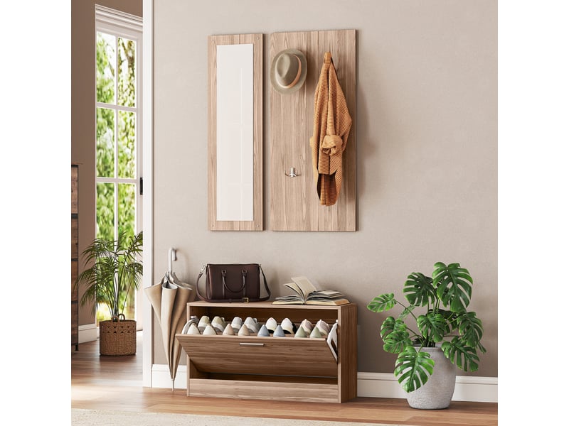  Ensemble entrée 3 pièces : banc à chaussures, porte-manteau mural et miroir, armoire bois, 80×27×46,5 cm, marron foncé  - Conforama D