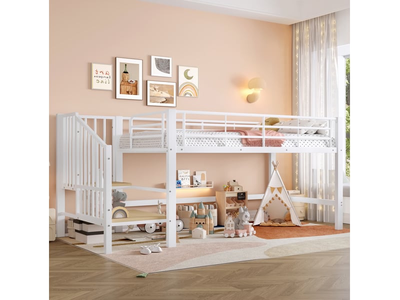  Lit mezzanine enfant mi-hauteur avec escalier de rangement, 90 x 200 cm, blanc  - Conforama B