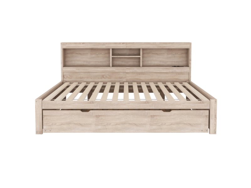  Lit gigogne 140x200 cm, avec rangement latéral et led, en bois, naturel, sans matelas  - Conforama E