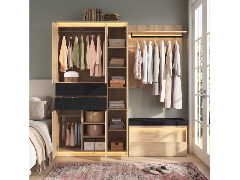 Ensemble dressing d'entrée modenvie avec miroir et éclairage led, 200 x 47 x 200 cm, 3 tringles, 4 tiroirs, mdf, bicolore - Conforama B