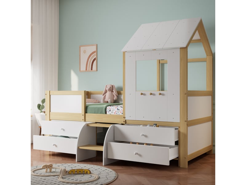  Lit cabane enfant 90x200 cm, lit simple avec toit, fenêtre, 4 tiroirs et escalier, sans matelas, blanc et naturel  - Conforama C