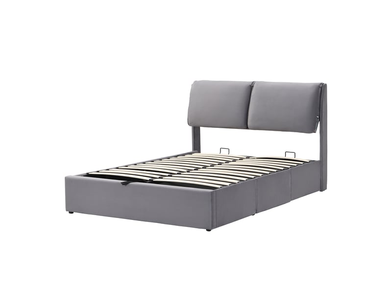  Lit coffre 140x190 cm, lit double, sommier à lattes, rangement hydraulique, velours gris, 3 tiroirs  - Conforama B