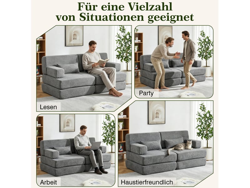  Canapé convertible modulaire 2 places gris en chenille – couchage d'appoint pliable, gain de place pour petits espaces  - Conforama D