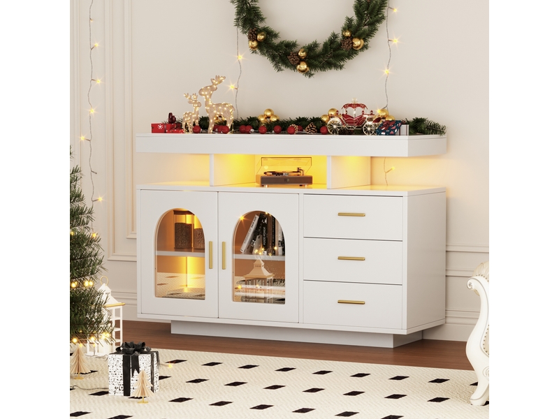  Buffet blanc brillant 120 cm 2 portes 3 tiroirs, meuble de rangement avec led, buffet salle à manger  - Conforama B