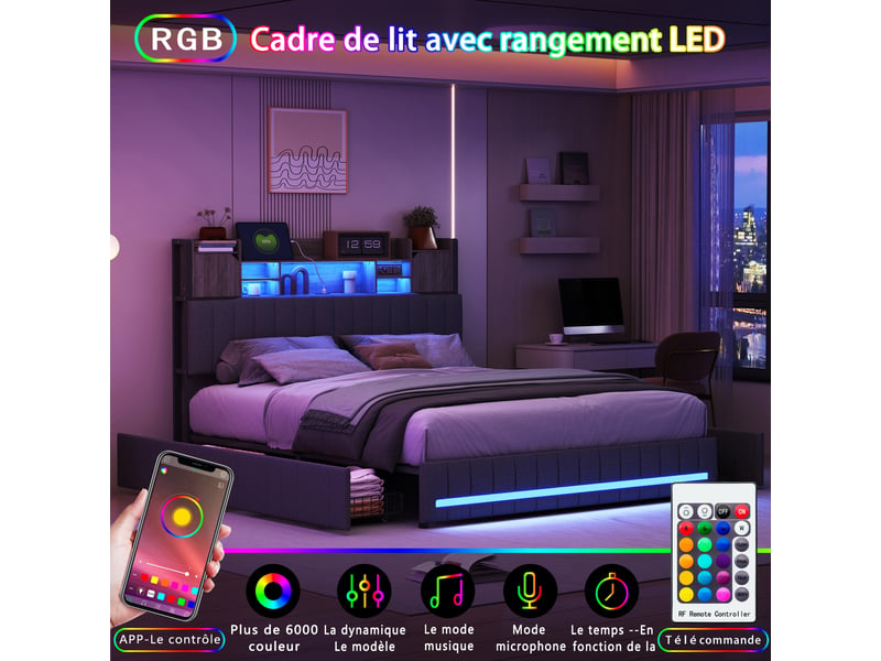  Lit 140x190 cm avec led et 4 tiroirs,lit capitonné double,usb et type-c,tête de lit rangement,sommier à lattes,gris, lin  - Conforama W