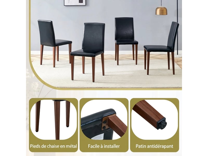 Chaises de salle à manger lot de 2, chaises en cuir pu noir avec pieds en métal aspect noyer, dossier 47 cm, style minimaliste. - Conforama W