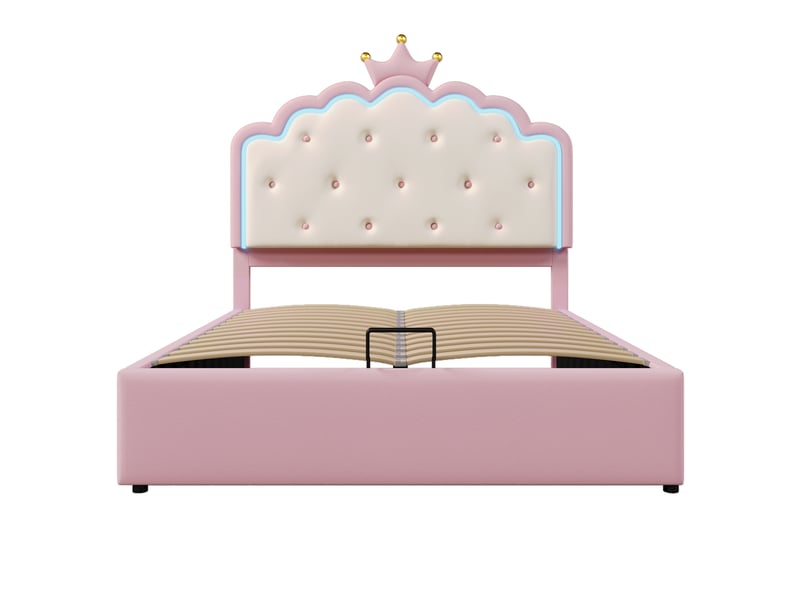 Lit rembourré rose 140x200 cm style princesse avec led et rangement hydraulique - Conforama A