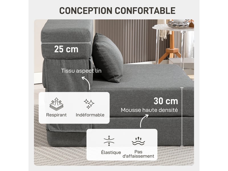  Fauteuil convertible 1 place fauteuil lit pliant, coussin inclus, pour invités, salon, petit espace, gris, charge 120 kg  - Conforama E