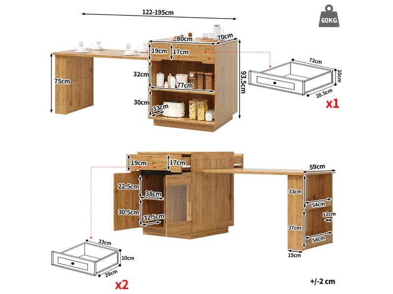  Meuble de rangement de cuisine extensible avec tiroirs, niche ouverte et led pour cuisine, 122-195 × 70 × 93,5 cm  - Conforama D