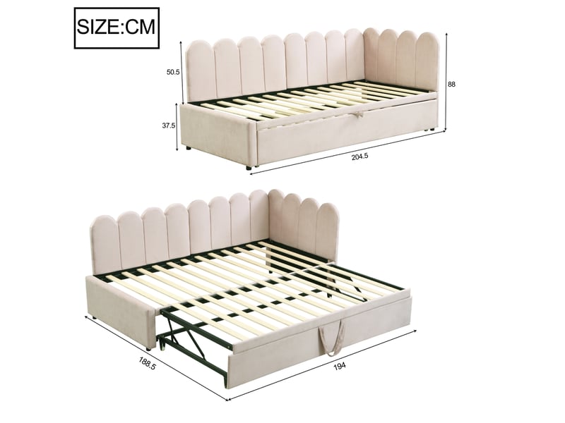  Lit gigogne en l 90x200 cm, pour chambre, lit enfant, gain d'espace, tête de lit, finition velours beige, sommier, sans matelas  - Conforama C