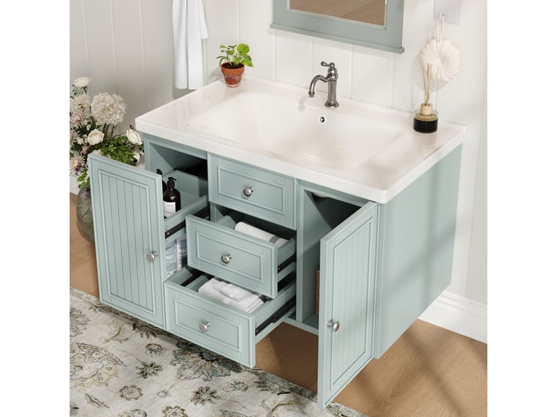 Meuble sous vasque suspendu avec tiroirs, porte et lavabo en céramique pour salle de bain, mdf vert, 78,5×46×46,8 cm - Conforama C