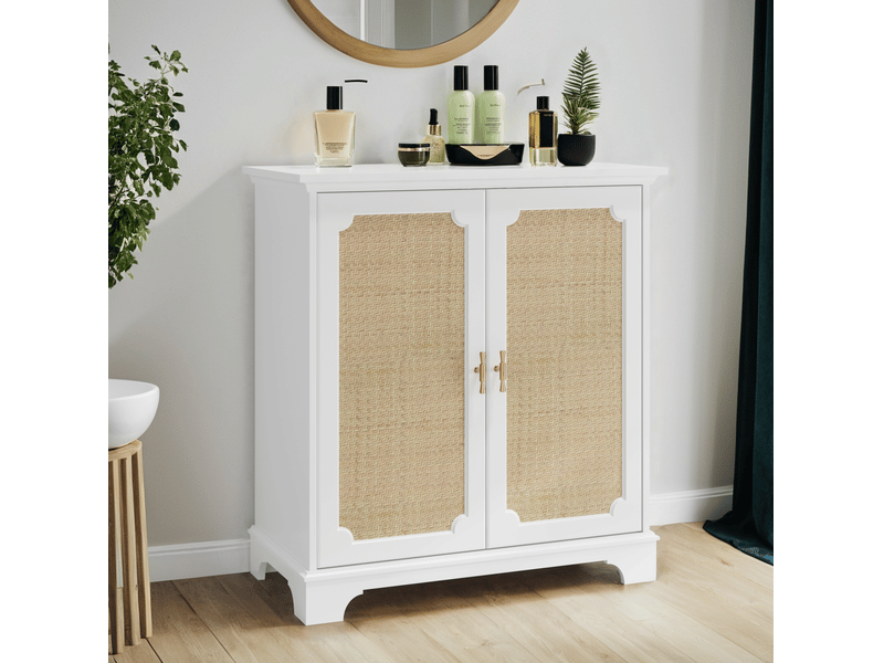 Buffet 80x38x86 cm portes en rotin décoratif mdf panneau de particules blanc  - Conforama C