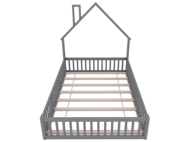  Lit enfant maison 140 x 190 cm sommier à lattes barrières de sécurité design ludique pin mdf gris sans matelas  - Conforama E