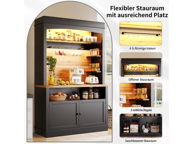  2pcs buffet de cuisine - buffet haut double avec led et étagères ouvertes - rangement avec portes support tasses 107x43x184cm- noir  - Conforama C