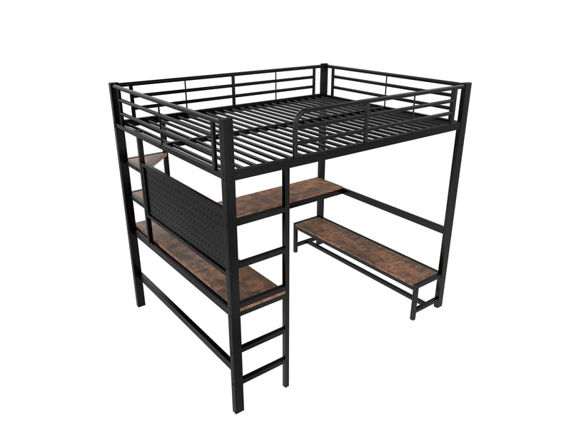 Lit mezzanine avec bureau, led, usb type-c et rangements, métal noir, 140x200 cm, sans matelas - Conforama E