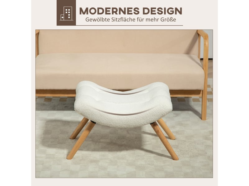 Repose-pied et tabouret rembourré avec assise ergonomique et pieds en hêtre, en tissu bouclette polyester blanc crème - Conforama C