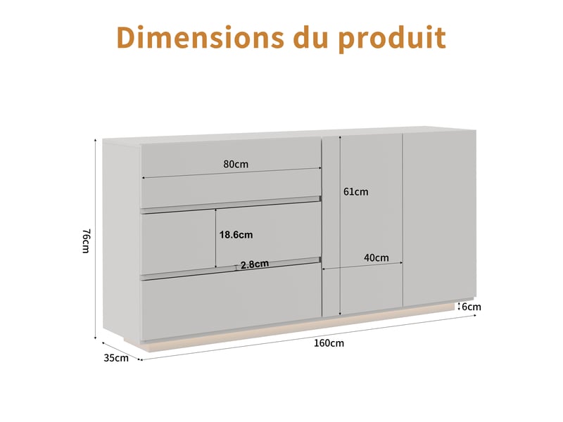  Kefsr buffet blanc brillant avec led - meuble tv &amp; bahut moderne 2 portes 3 tiroirs, sans poignée, design laqué pour salon, salle à manger et entrée (160x35x76cm)  - Conforama C
