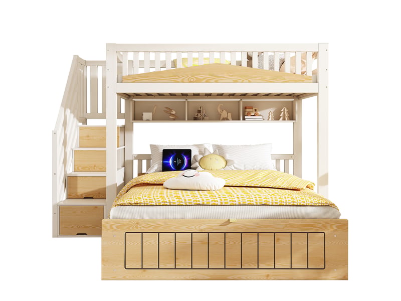 Lit superposé décalé 90x200 et 140x200cm lit enfant-coffre hydraulique,escalier à rangements,2 prises,usb,bois+ métal,blanc et naturel - Conforama A