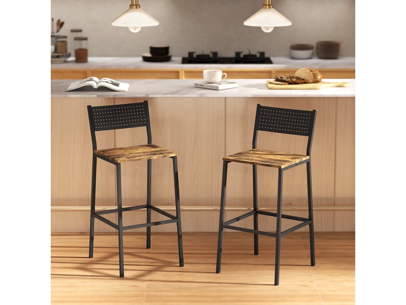  Lot de 2 tabourets de bar, chaises de bar, assise 72,5h cm, dossier et repose-pieds, pieds en métal, brun rustique  - Conforama D